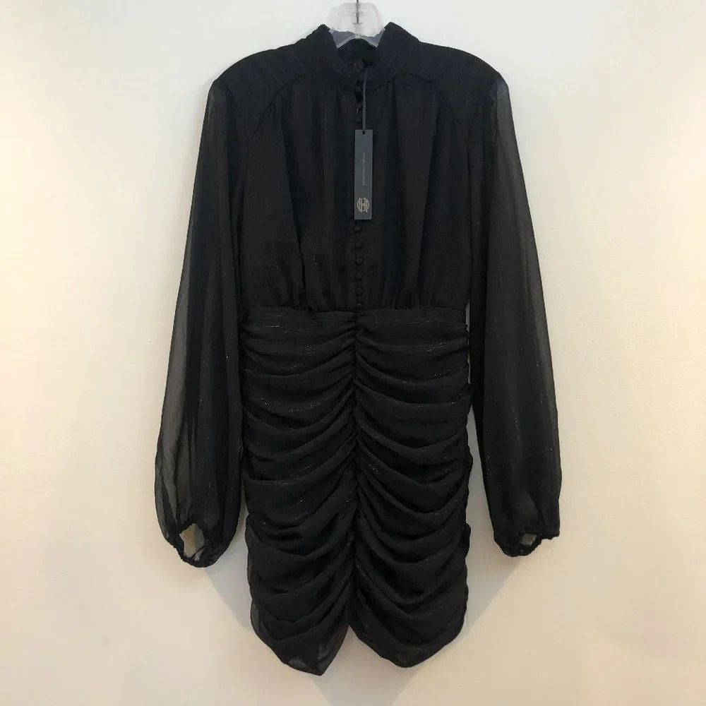 NEW House of Harlow 1960 Black Ruched Long Sleeve Mini Cocktail Dress 4 NWT - Picture 1 of 7